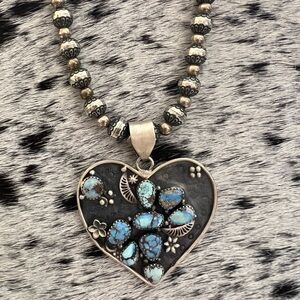 ❤️ Huge Golden Hills Turquoise Navajo Style Matte Sterling Heart Pendant 2.23”L